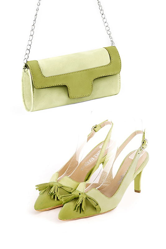 Pistachio green women's open back shoes, with a knot. Tapered toe. High slim heel. Worn view - Florence KOOIJMAN